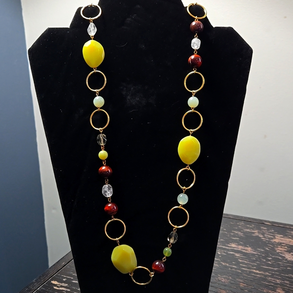 Gold Tone Multicolor Stone & Beaded Necklace